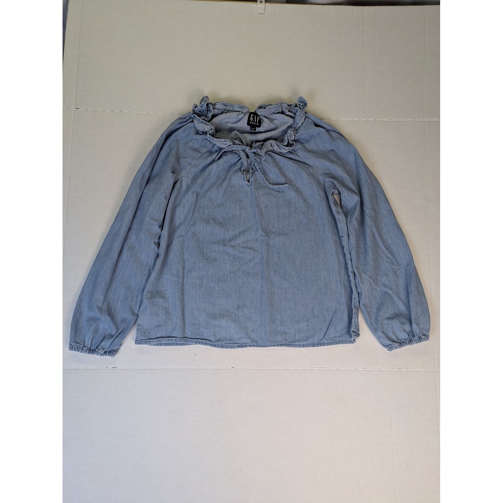 Gap Denim Blouse Womens XS Light‎ Blue Chambray Top Ruffle Tie Neck Long Sleeve